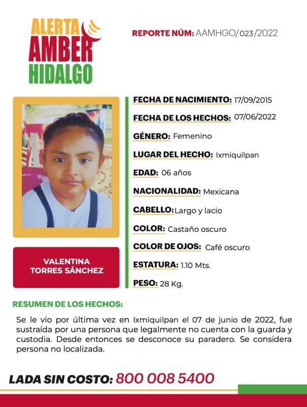 Niña de 6 años fue sustraída en Hidalgo; activan Alerta Amber