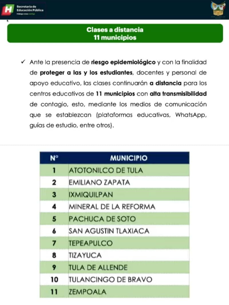 #Oficial: Suspenden clases presenciales en Pachuca y otros municipios