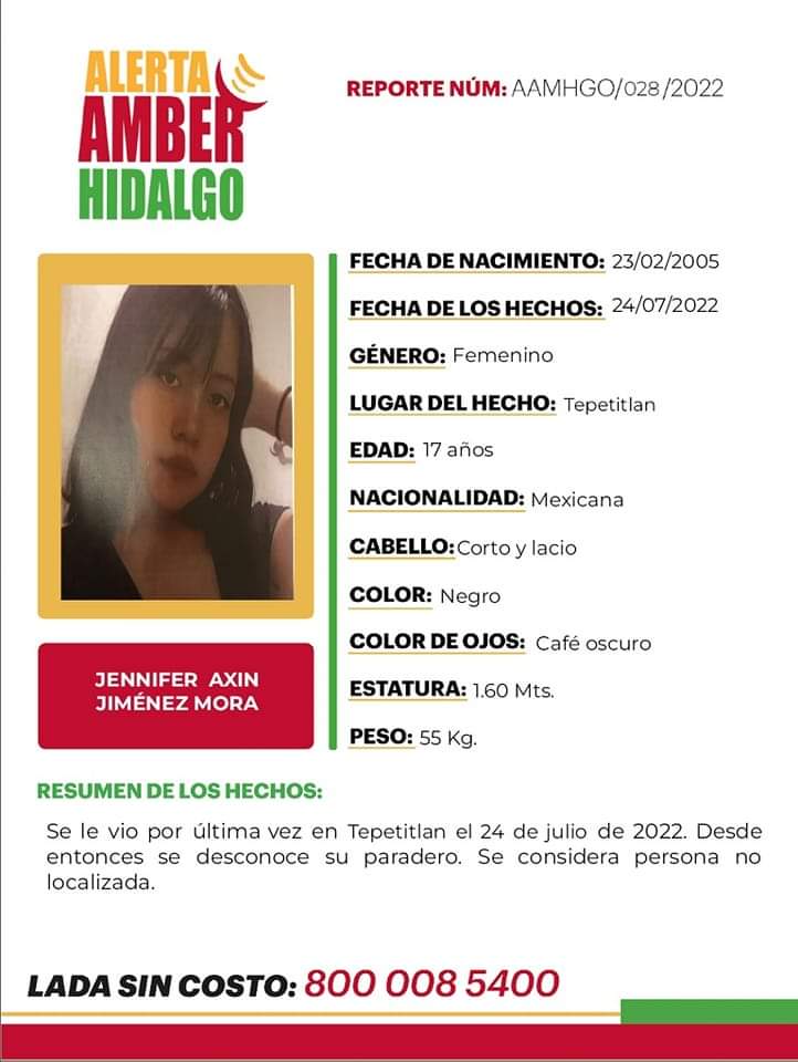 Otra Alerta Amber en Hidalgo: se llama Jennifer y desapareció el 24 de julio