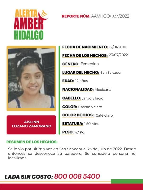 Activan Alerta Amber por menor desaparecida en Hidalgo