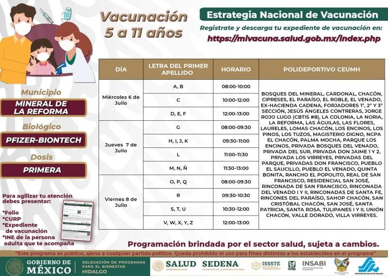 Mineral de la Reforma: sedes, días y horarios para vacunación de niñas y niños de 5 a 11 años