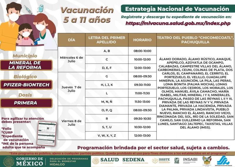 Mineral de la Reforma: sedes, días y horarios para vacunación de niñas y niños de 5 a 11 años