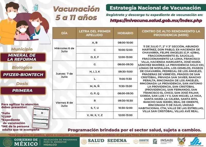 Mineral de la Reforma: sedes, días y horarios para vacunación de niñas y niños de 5 a 11 años