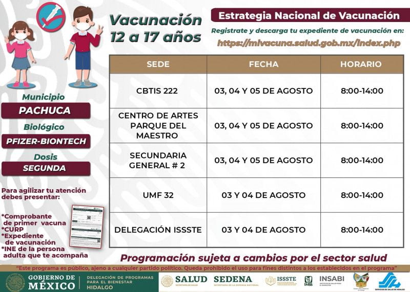 Llegaron las segundas dosis para adolescentes en Pachuca: fechas, horarios y sedes