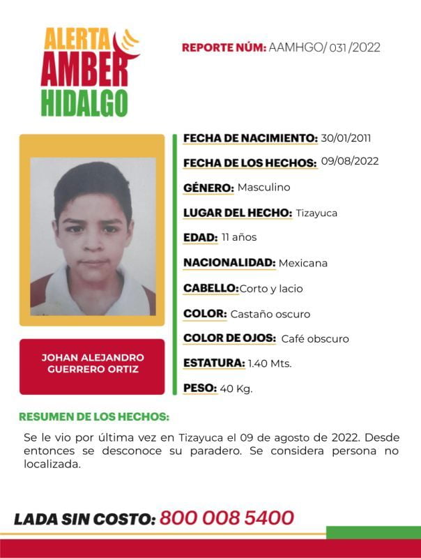 Activan Alerta Amber por menor desaparecido en Hidalgo