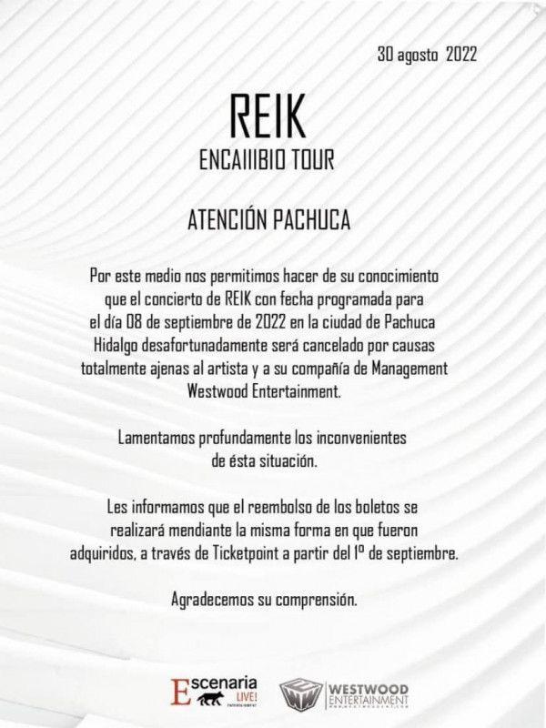 #Cancelado: Ya no se realizará el concierto de Reik en Pachuca