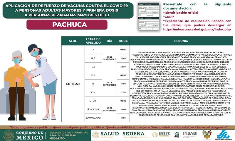 Aplicarán refuerzos y primeras dosis anticovid en cinco sedes esta semana en Pachuca