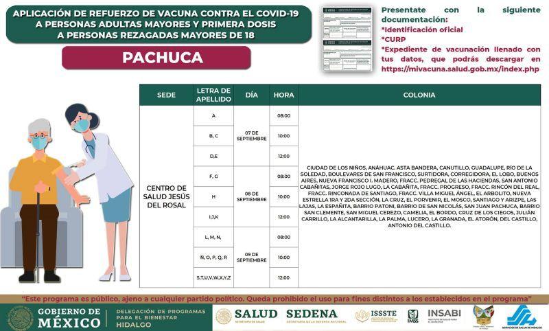 Aplicarán refuerzos y primeras dosis anticovid en cinco sedes esta semana en Pachuca