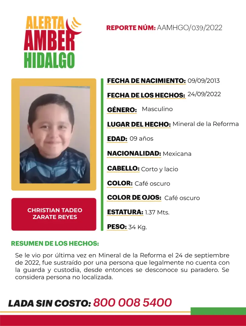 #AlertaAmber: Niño de 9 años fue sustraído en Mineral de la Reforma