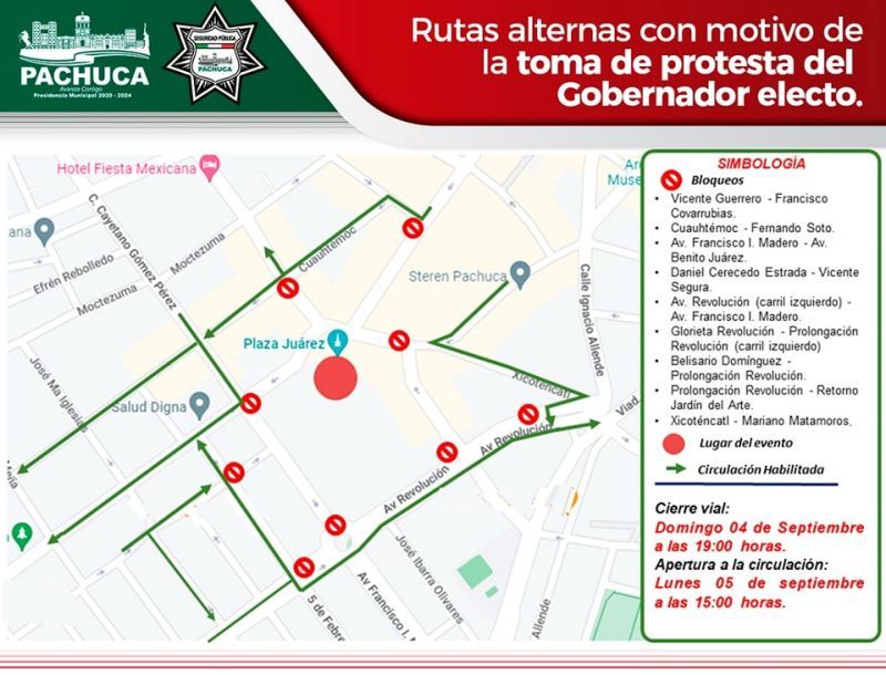 Cierran vialidades en Pachuca por toma de protesta de Julio Menchaca