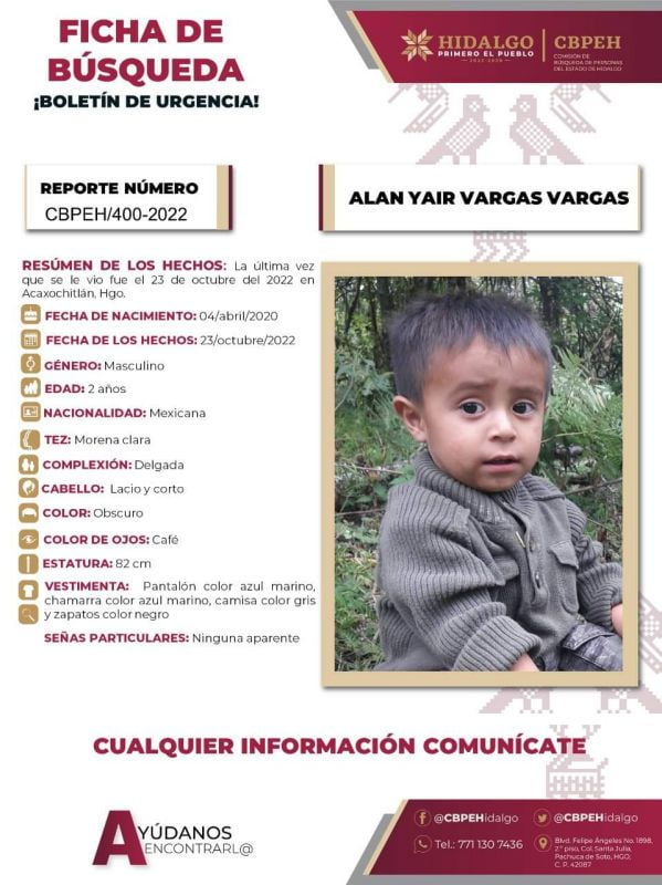 Pequeño de 2 años de edad desapareció en Hidalgo; piden ayuda para localizarlo