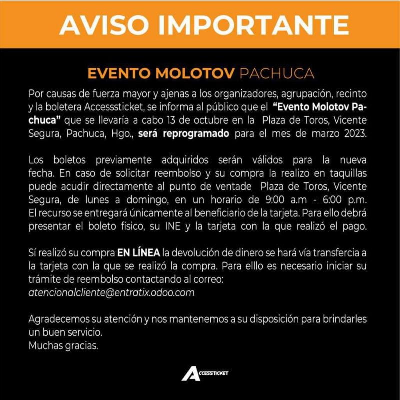 Pospuesto: ya no se realizará este año el concierto de Molotov en Pachuca