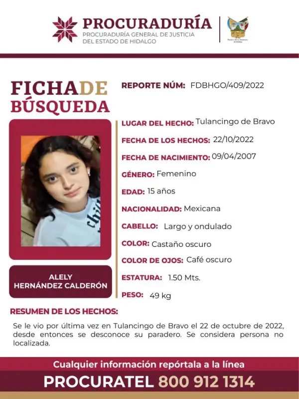 Tiene 15 años de edad y desapareció en Tulancingo; piden ayuda para encontrarla