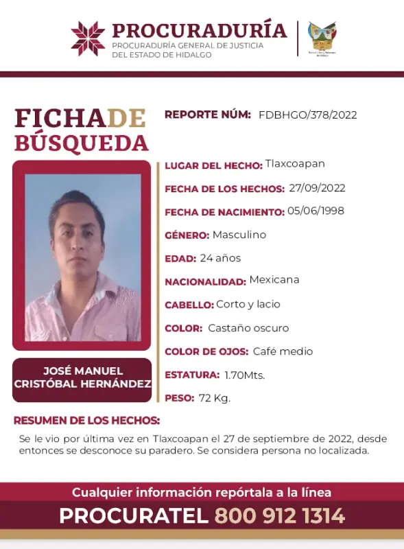 Piden ayuda para localizar a joven desaparecido en Hidalgo