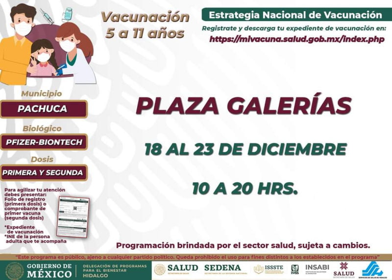 Vacunas anticovid para niñas y niños en centros comerciales de Pachuca