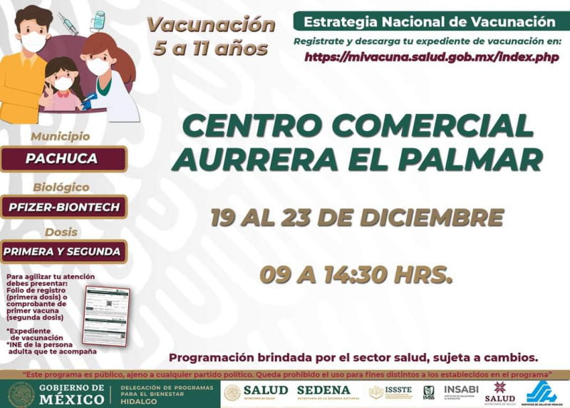 Vacunas anticovid para niñas y niños en centros comerciales de Pachuca