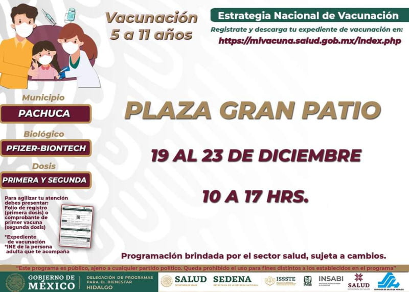 Vacunas anticovid para niñas y niños en centros comerciales de Pachuca