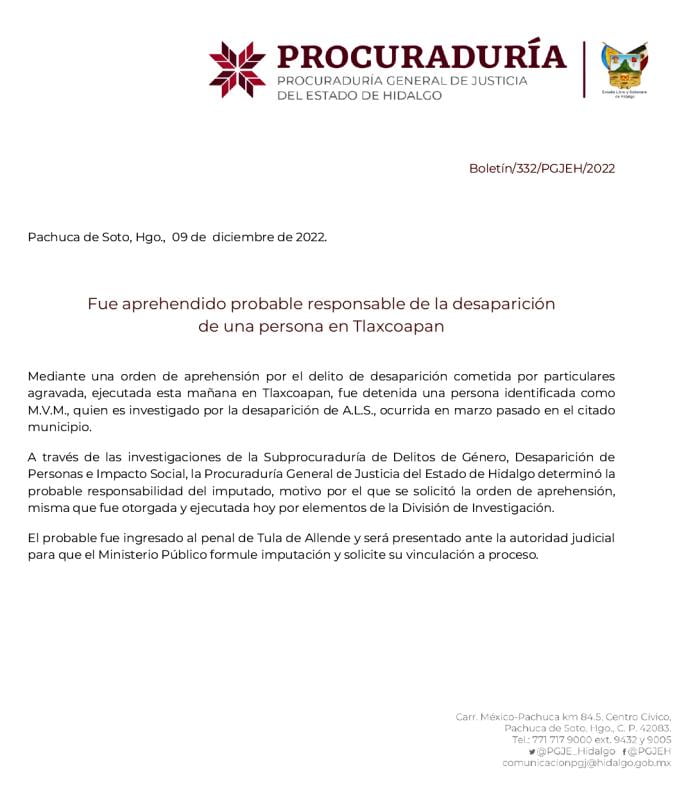 Atrapan a presunto responsable de la desaparición de abogado pachuqueño