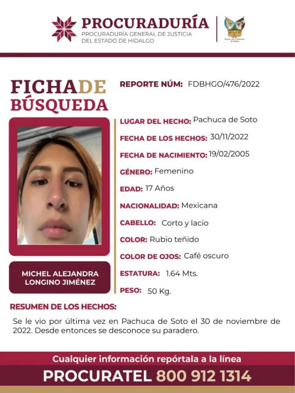 Tiene 17 años de edad y desapareció en Pachuca