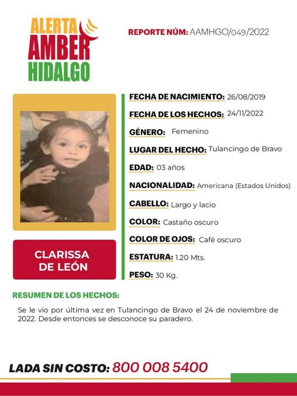 Activan Alerta Amber por menor estadounidense desaparecida en Hidalgo