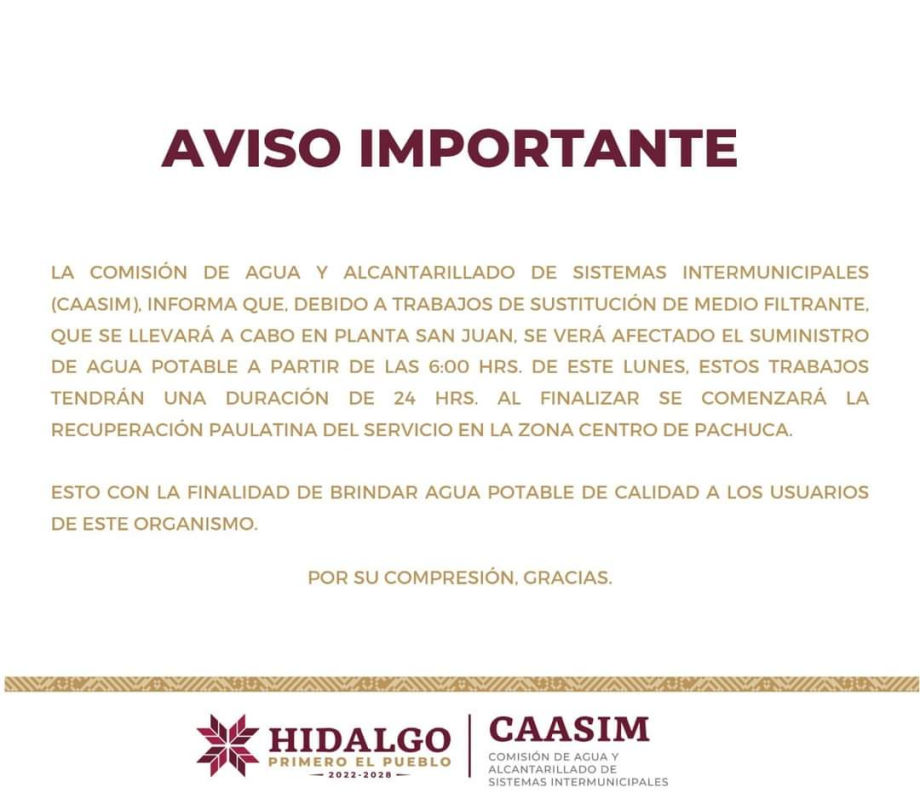 Ojo: suministro de agua se verá afectado este lunes en Pachuca