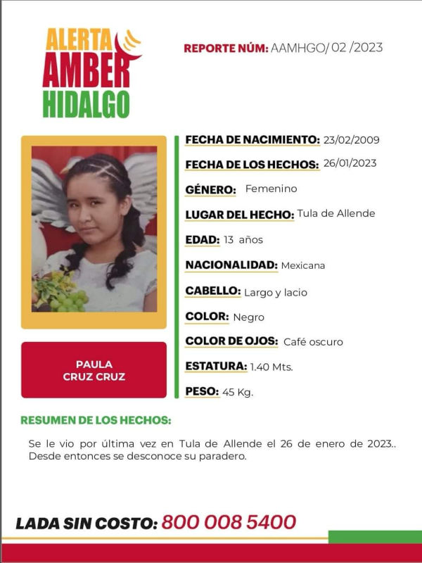 Activan Alerta Amber por menor desaparecida en Hidalgo