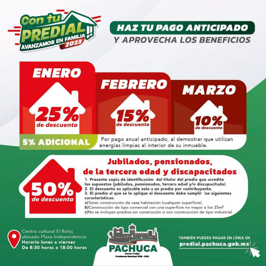 Ya están los beneficios por pagar el predial en enero en Pachuca: hasta 50 % + 5 % de descuento