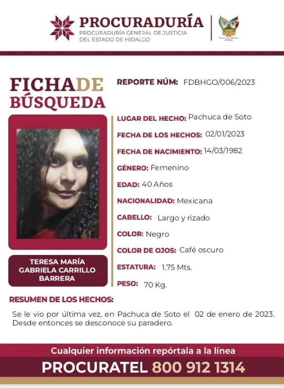 Emiten alerta de búsqueda por mujer desaparecida en Pachuca