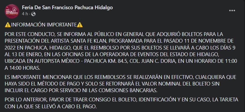 Anuncian reembolso por el concierto cancelado de Santa Fe Klan en Pachuca