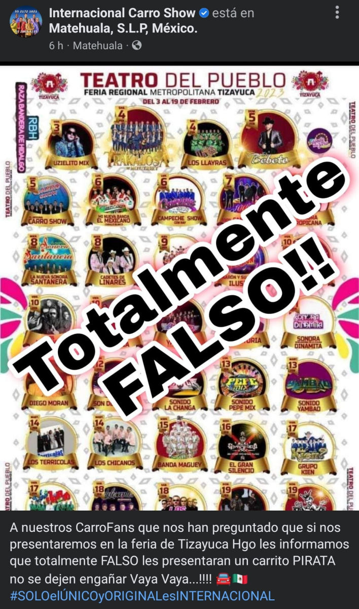 "Totalmente falso": grupo desmiente presentación en la Feria de Tizayuca 2023