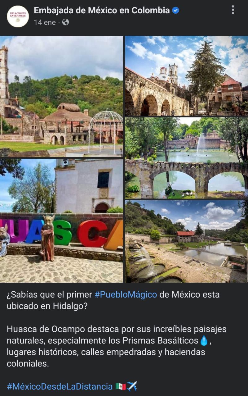 Destacan en Colombia bellezas turísticas de Hidalgo