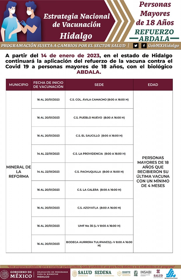 Aplicación de refuerzo de vacuna anticovid en Pachuca y MR: estas son las 32 sedes