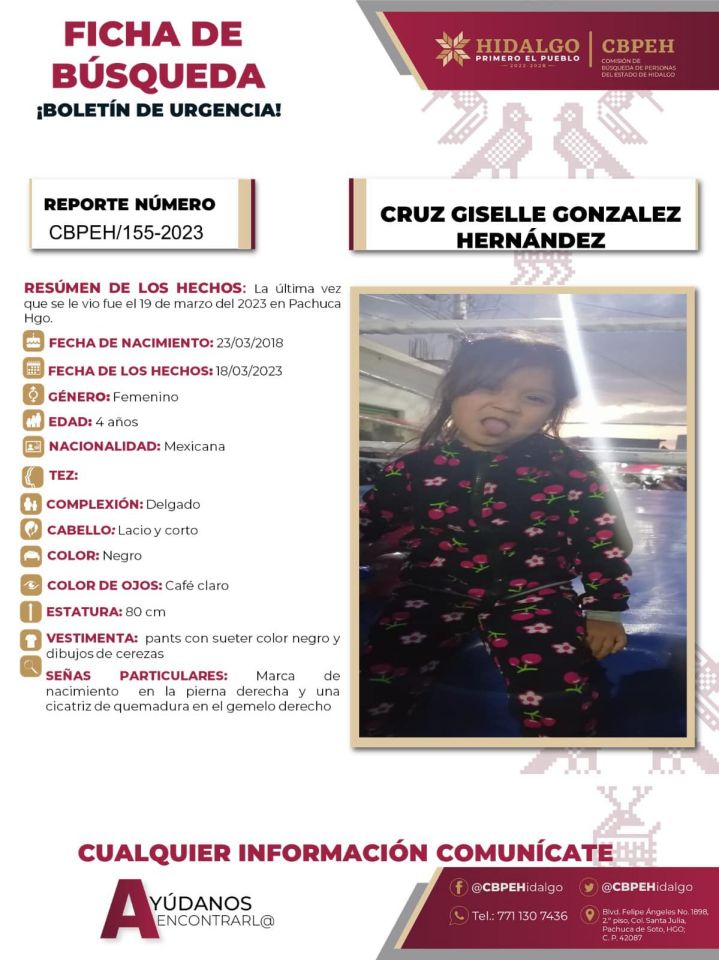 #AlertaDeBúsqueda ⚠ Desaparece pequeña de 4 años de edad en Pachuca