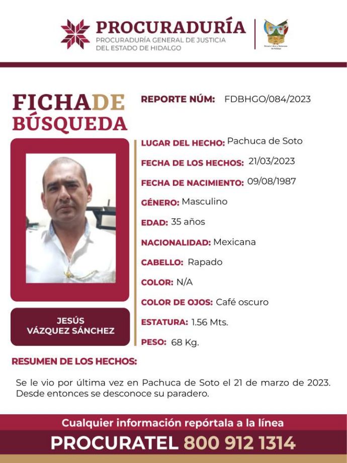 #AlertaDeBúsqueda ⚠ Hombre de 35 años de edad desapareció en Pachuca