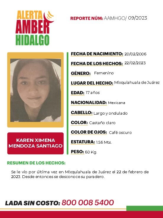 #AlertaAmber ⚠ Karen Ximena desapareció en Hidalgo; piden ayuda para encontrarla