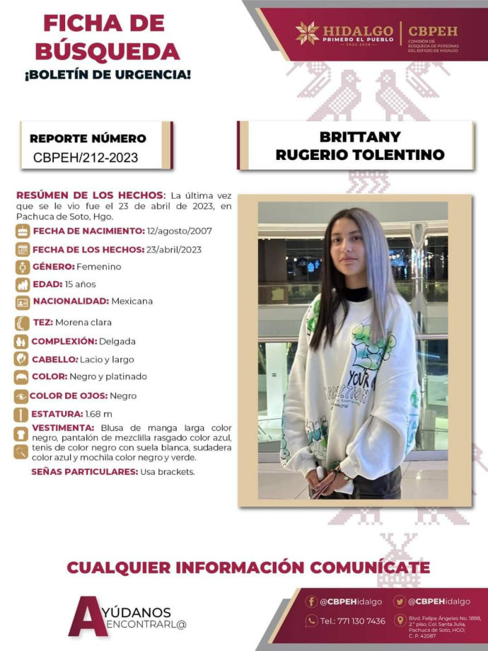 Se llama Brittany y desapareció en Pachuca; piden ayuda para encontrarla