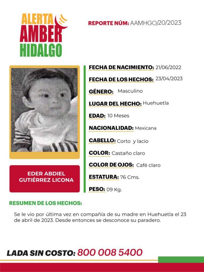 Activan Alerta Amber por desaparición de joven madre y su bebé en Hidalgo