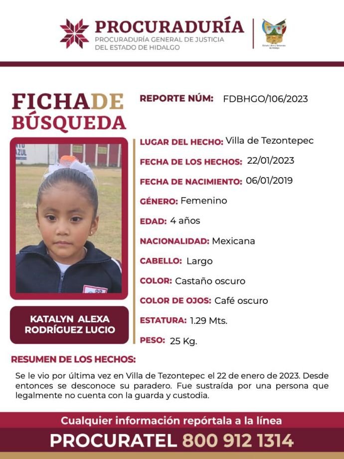 Niña de 4 años fue sustraída en Hidalgo; autoridades activan alerta para encontrarla
