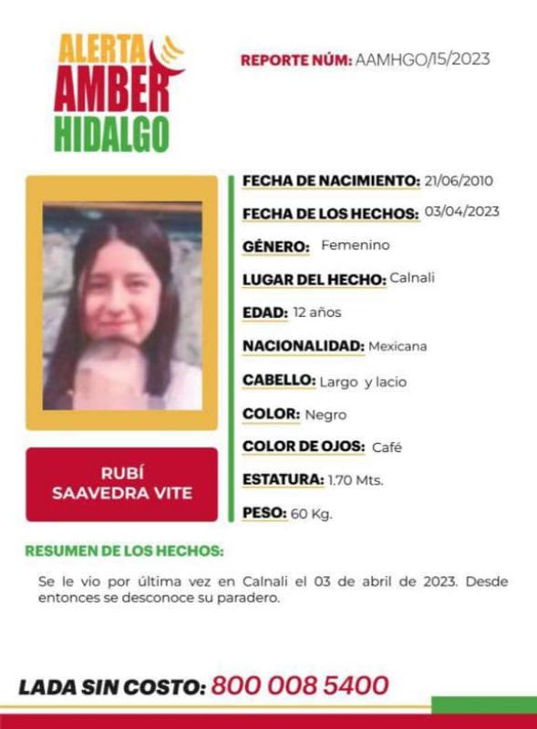 #AlertaAmber ⚠️ Buscan a Rubí, menor desaparecida en Hidalgo