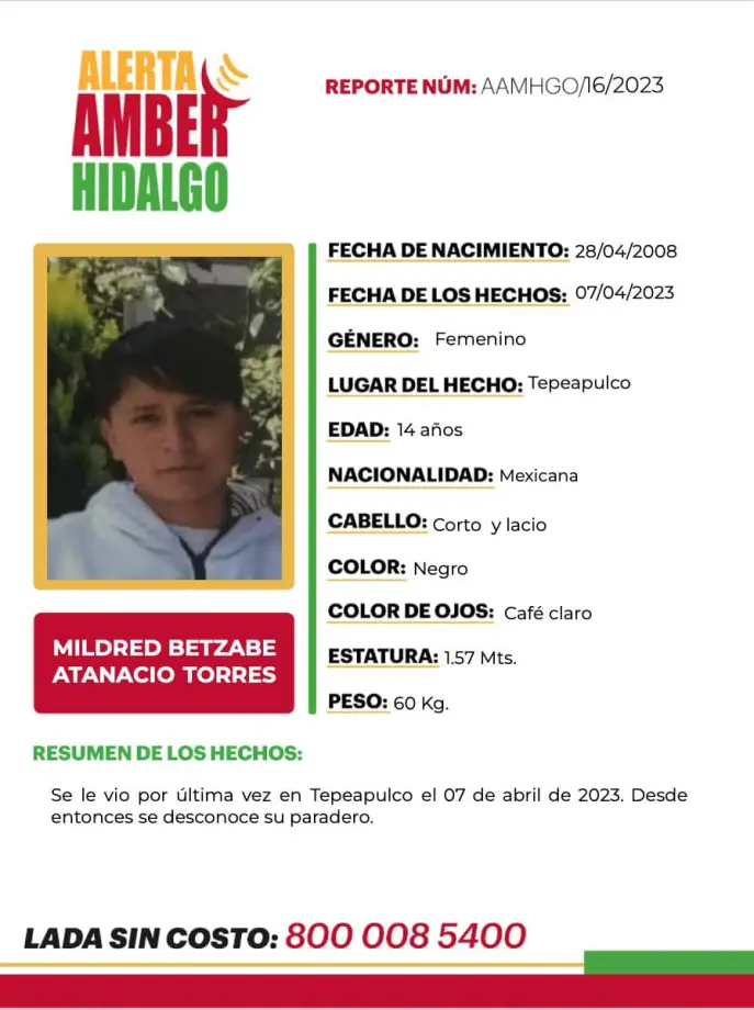 #AlertaAmber ⚠ Mildred Betzabe desapareció en Hidalgo; piden ayuda para encontrarla