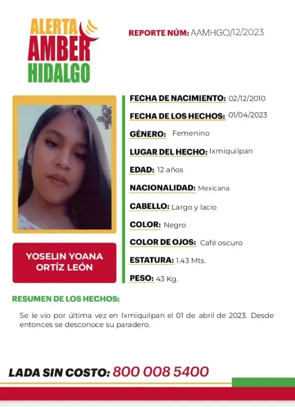 #AlertaAmber ⚠ Tiene 12 años de edad y desapareció en Hidalgo; piden ayuda para encontrarla