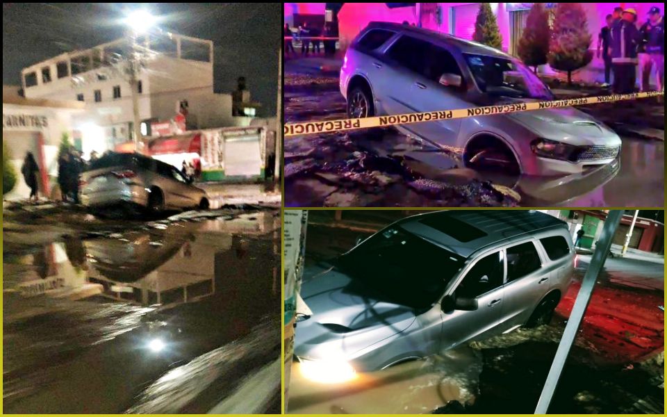 #ElColmo 🤦 Vuelve a romperse tubería en Pachuca y cae camioneta en socavón