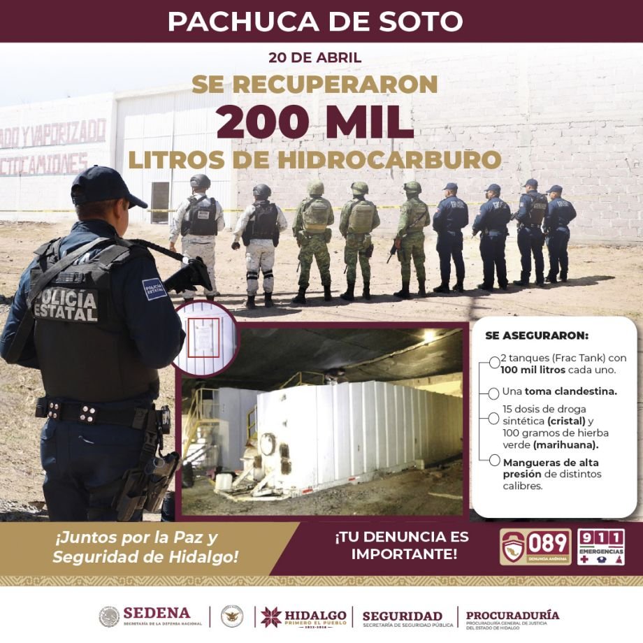 Encuentran toma clandestina y 200 mil litros de huachicol en una bodega de Pachuca