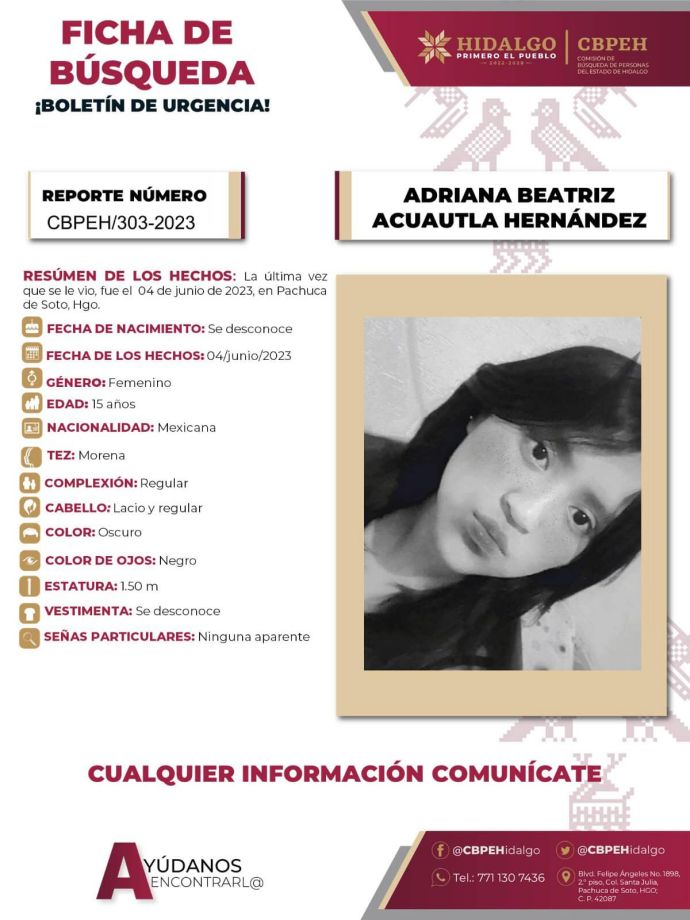 Emiten alerta de búsqueda por quinceañera desaparecida en Pachuca