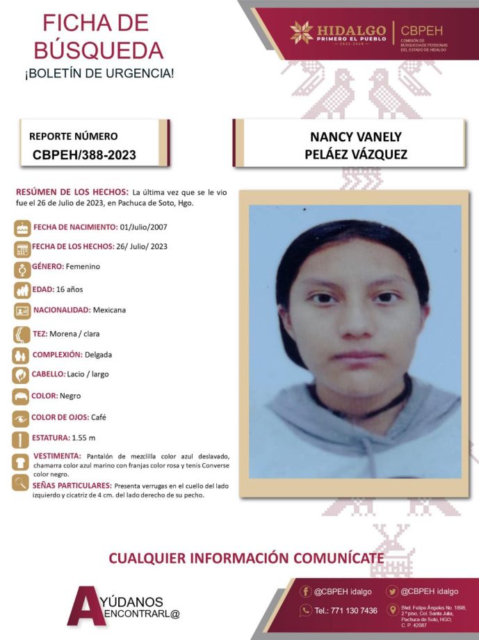 #AlertaDeBúsqueda ⚠️ Piden ayuda para encontrar a Nancy Vanely, desaparecida en Pachuca