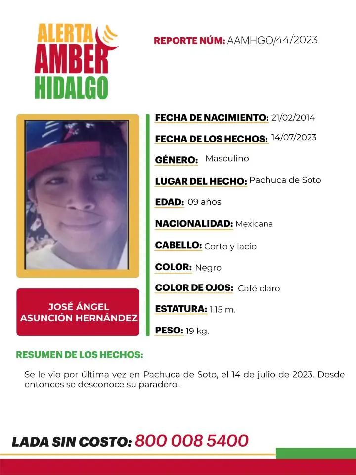 #AlertaAmber: tiene 9 años de edad y desapareció en Pachuca; piden ayuda para localizarlo