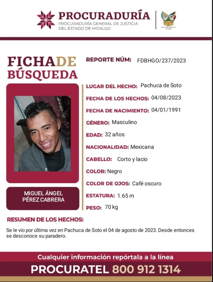 #AlertaDeBúsqueda ⚠️ Miguel Ángel desapareció en Pachuca; piden ayuda para encontrarlo