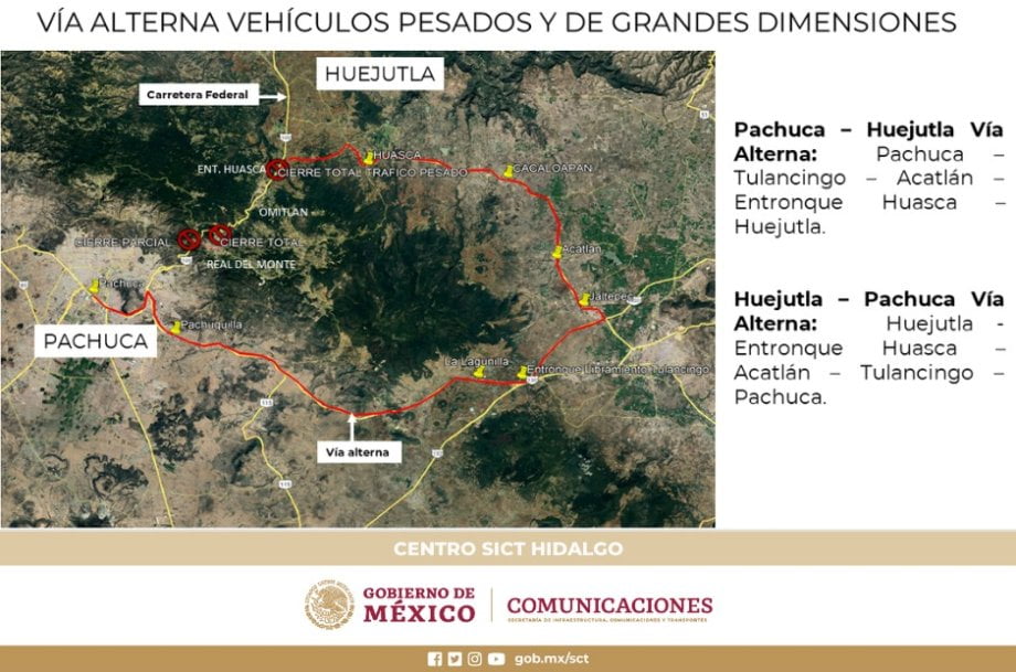 Habrá cierres totales temporales en la Pachuca-Huejutla, entre Real del Monte y Omitlán