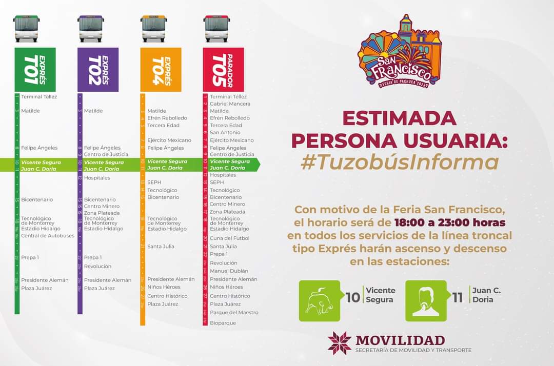 Habrá horario extendido del Tuzobús y operativo especial para el transporte durante la Feria de Pachuca