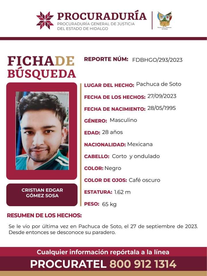 #AlertaDeBúsqueda ⚠️ Cristian Edgar desapareció en Pachuca; piden ayuda para encontrarlo